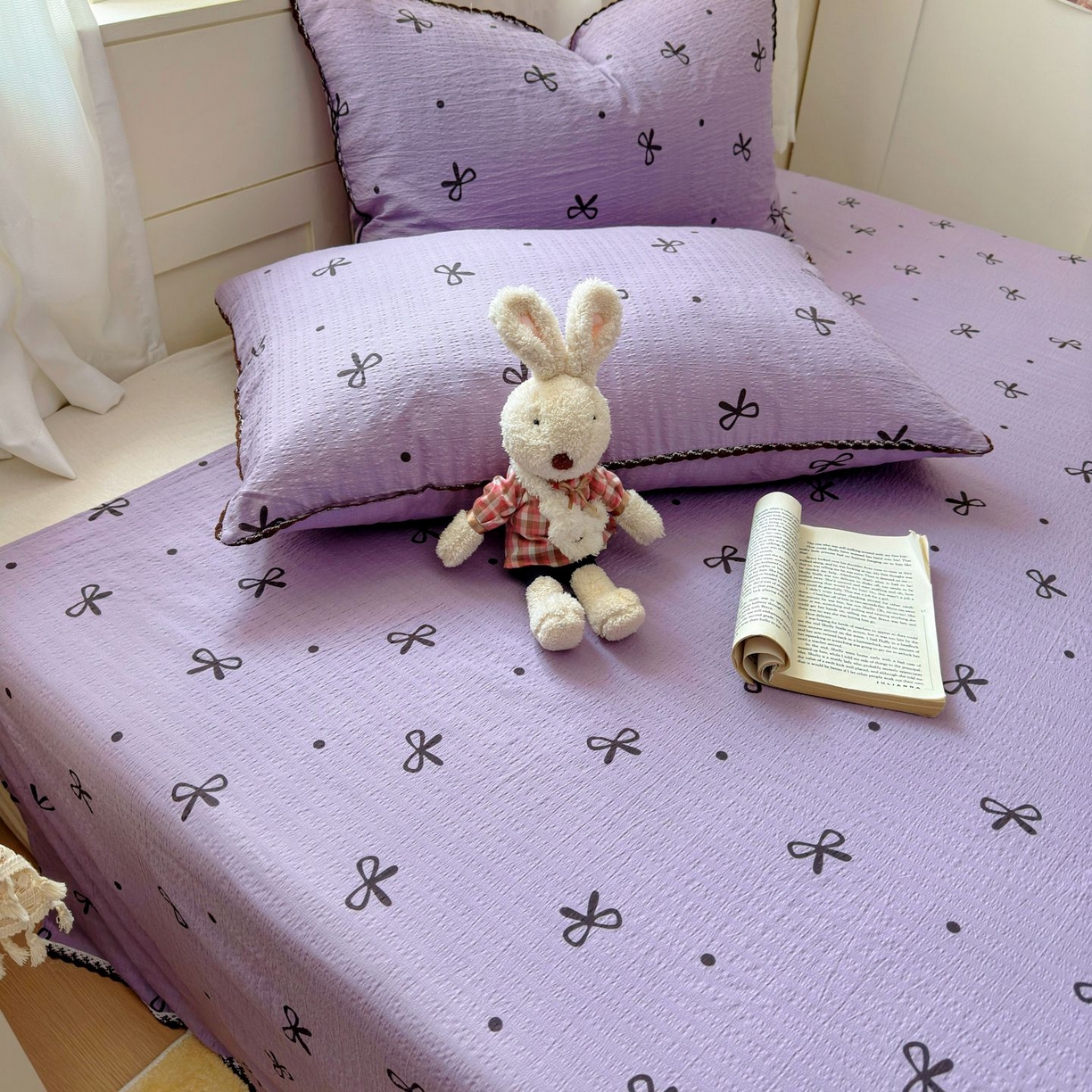 91家纺网 家纺一手货源 找家纺 优卡迪家纺馆 2025新款皱皱棉小花边床单（下载文件包含买家秀） 紫苏