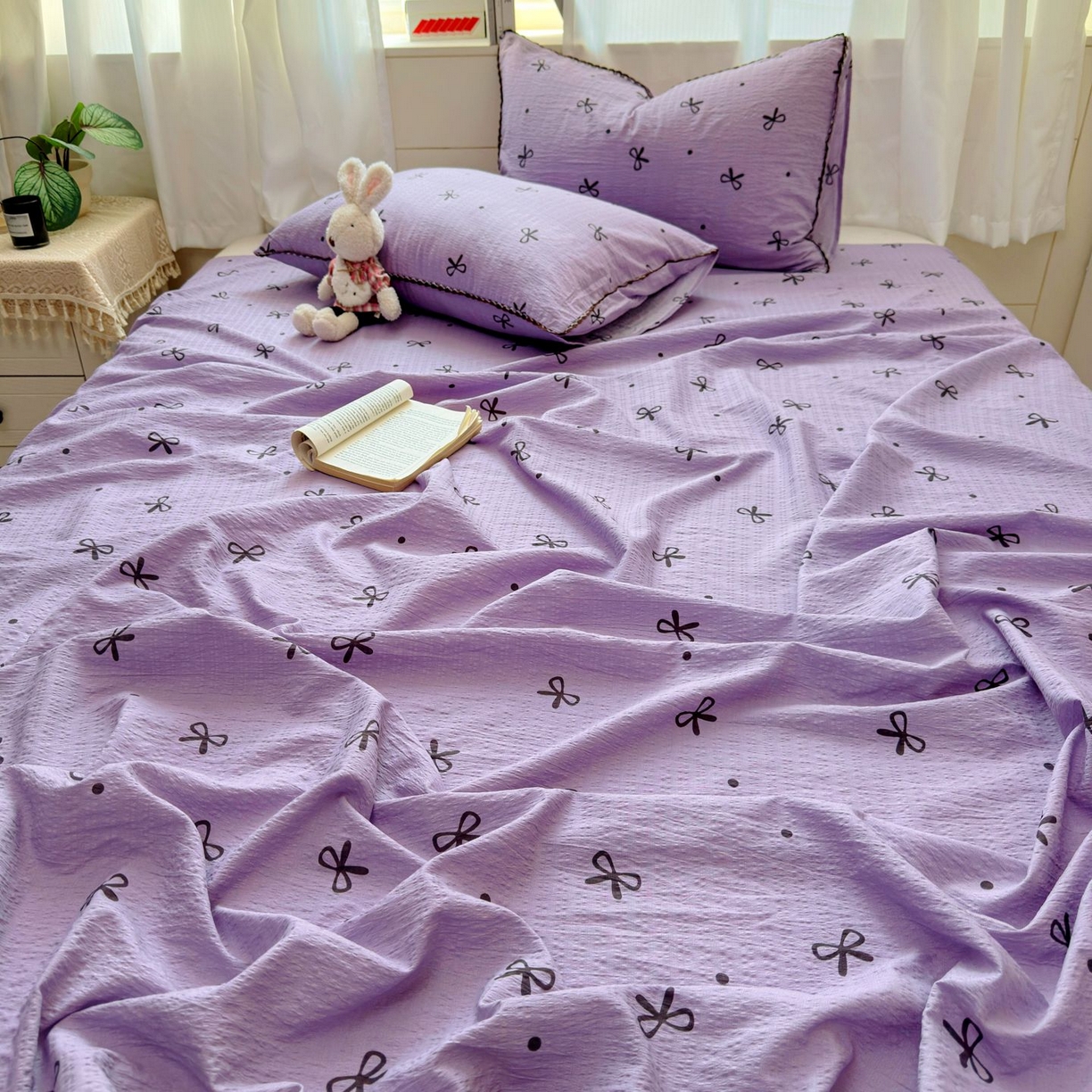 91家纺网 家纺一手货源 找家纺 优卡迪家纺馆 2025新款皱皱棉小花边床单（下载文件包含买家秀） 紫苏