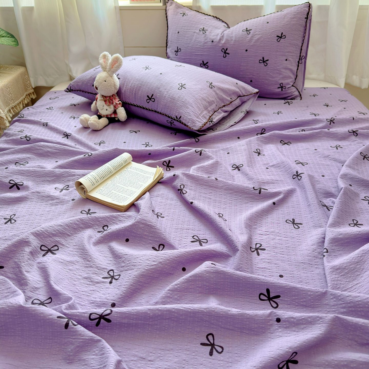 91家纺网 家纺一手货源 找家纺 优卡迪家纺馆 2025新款皱皱棉小花边床单（下载文件包含买家秀） 紫苏