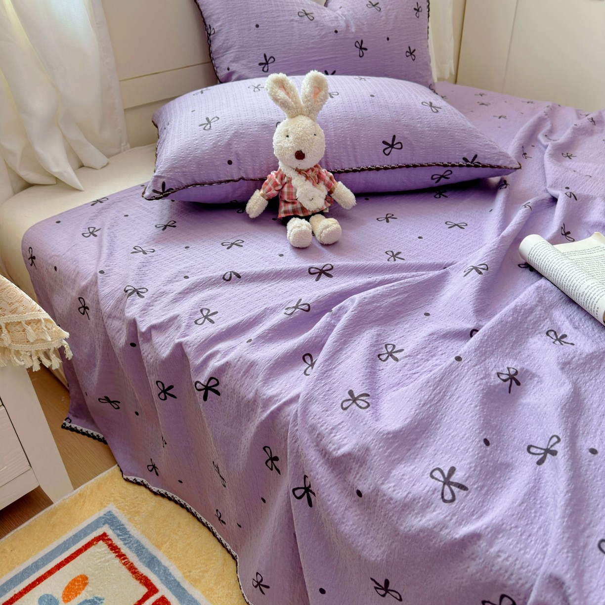 91家纺网 家纺一手货源 找家纺 优卡迪家纺馆 2025新款皱皱棉小花边床单（下载文件包含买家秀） 紫苏
