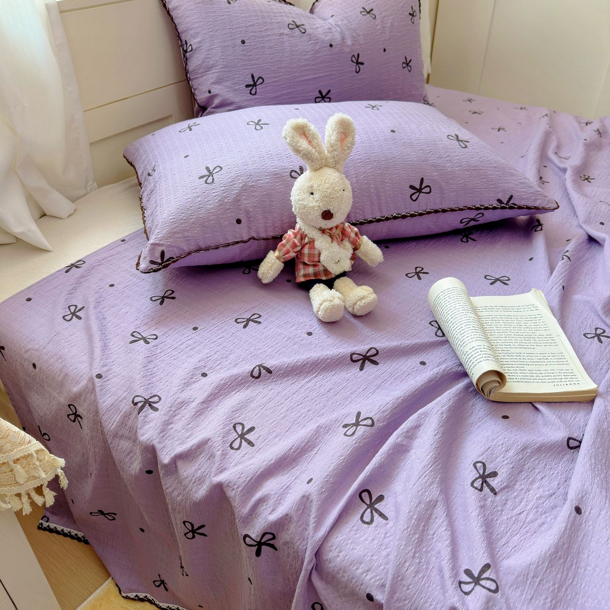 91家纺网 家纺一手货源 找家纺 优卡迪家纺馆 2025新款皱皱棉小花边床单（下载文件包含买家秀） 紫苏