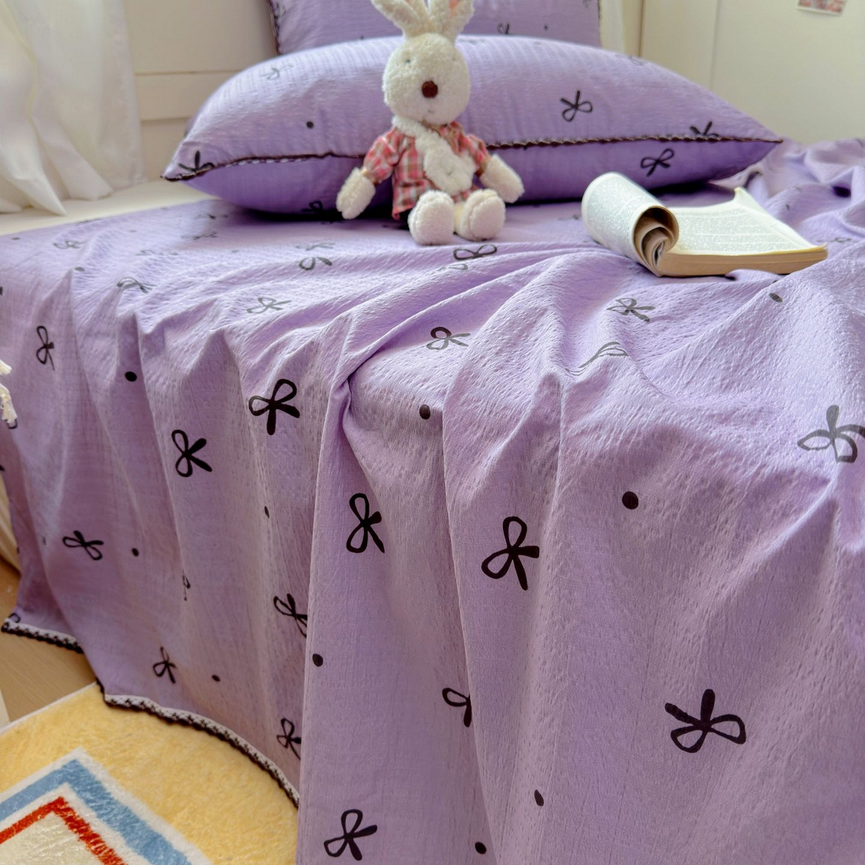 91家纺网 家纺一手货源 找家纺 优卡迪家纺馆 2025新款皱皱棉小花边床单（下载文件包含买家秀） 紫苏