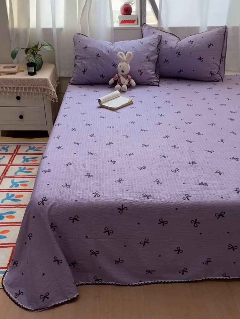 91家纺网 家纺一手货源 找家纺 优卡迪家纺馆 2025新款皱皱棉小花边床单（下载文件包含买家秀） 紫苏