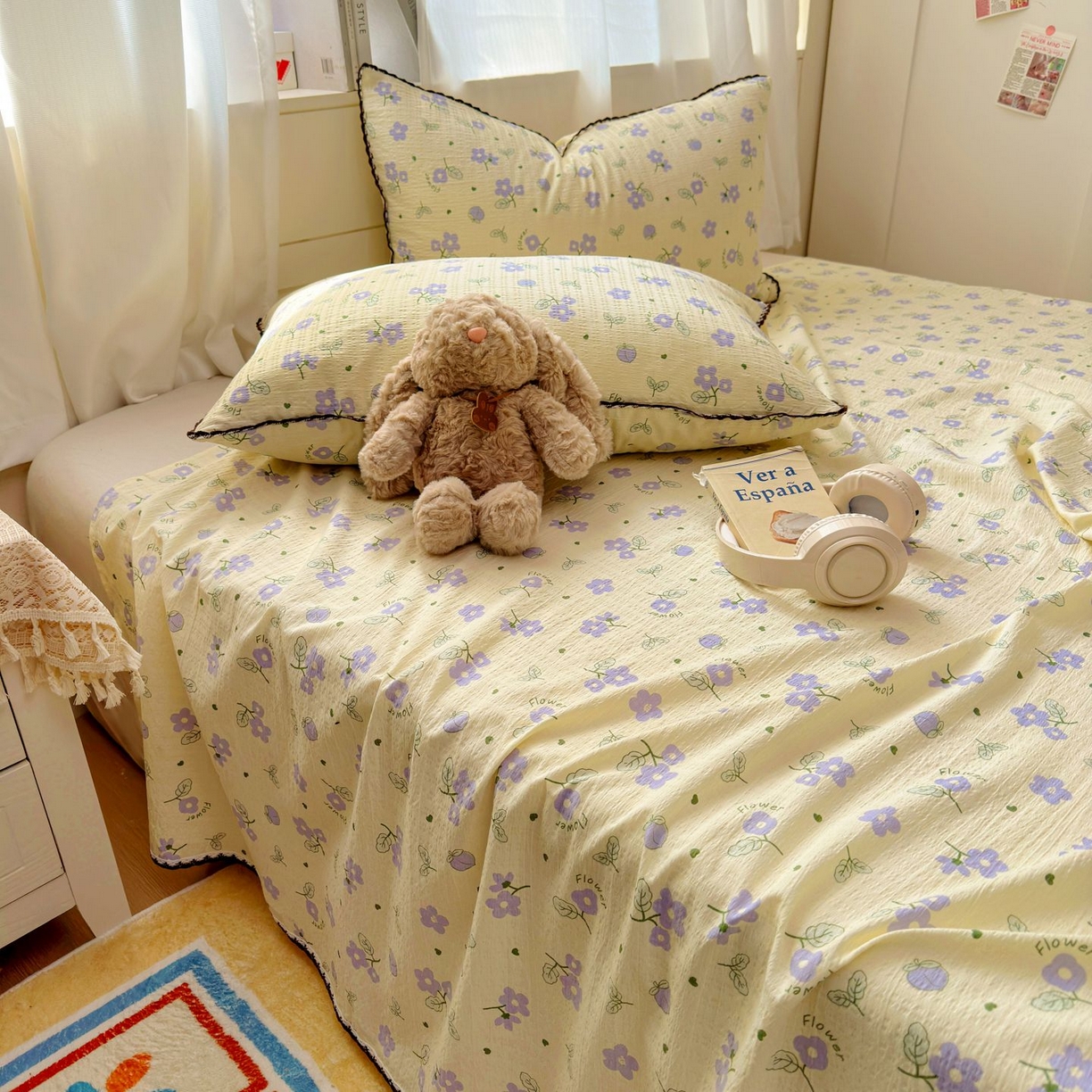 优卡迪家纺馆 2025新款皱皱棉小花边床单（下载文件包含买家秀） 紫薇