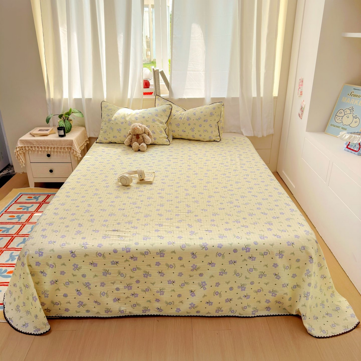 91家纺网 家纺一手货源 找家纺 优卡迪家纺馆 2025新款皱皱棉小花边床单（下载文件包含买家秀） 紫薇