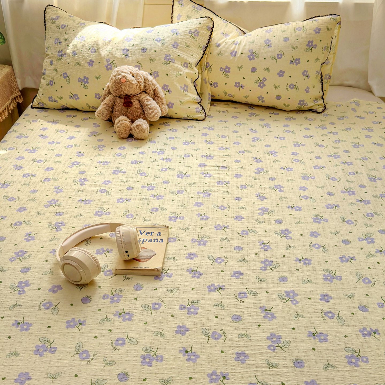 91家纺网 家纺一手货源 找家纺 优卡迪家纺馆 2025新款皱皱棉小花边床单（下载文件包含买家秀） 紫薇