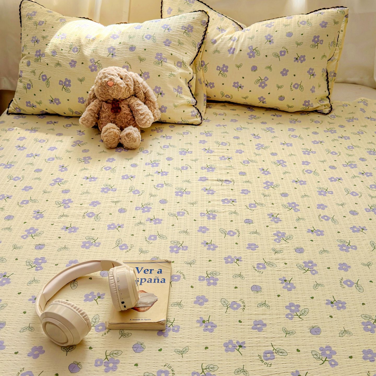 91家纺网 家纺一手货源 找家纺 优卡迪家纺馆 2025新款皱皱棉小花边床单（下载文件包含买家秀） 紫薇