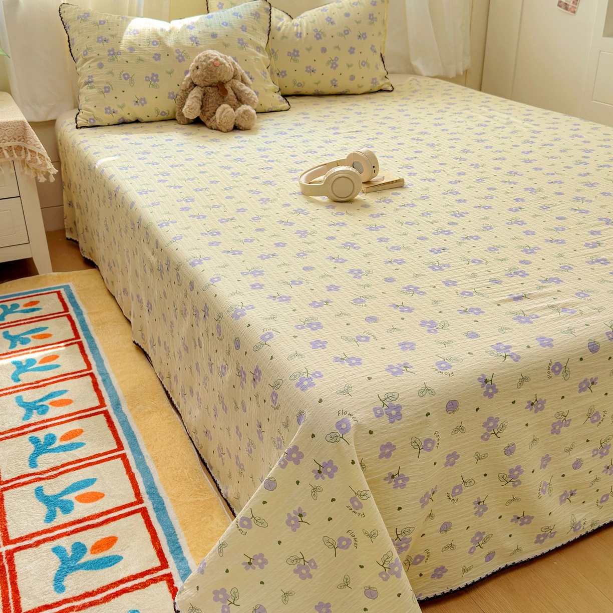 91家纺网 家纺一手货源 找家纺 优卡迪家纺馆 2025新款皱皱棉小花边床单（下载文件包含买家秀） 紫薇