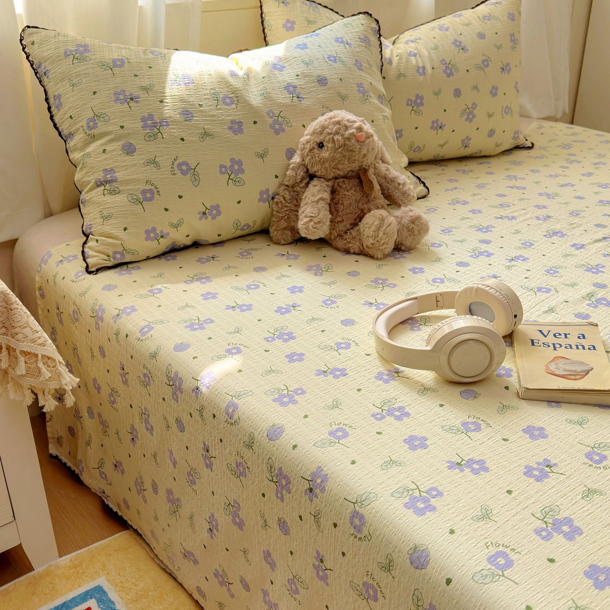 91家纺网 家纺一手货源 找家纺 优卡迪家纺馆 2025新款皱皱棉小花边床单（下载文件包含买家秀） 紫薇