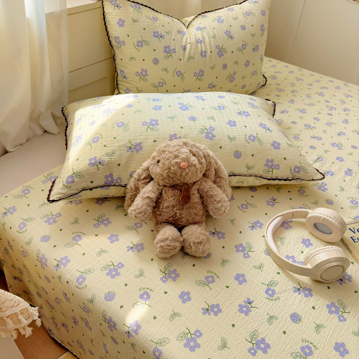 91家纺网 家纺一手货源 找家纺 优卡迪家纺馆 2025新款皱皱棉小花边床单（下载文件包含买家秀） 紫薇