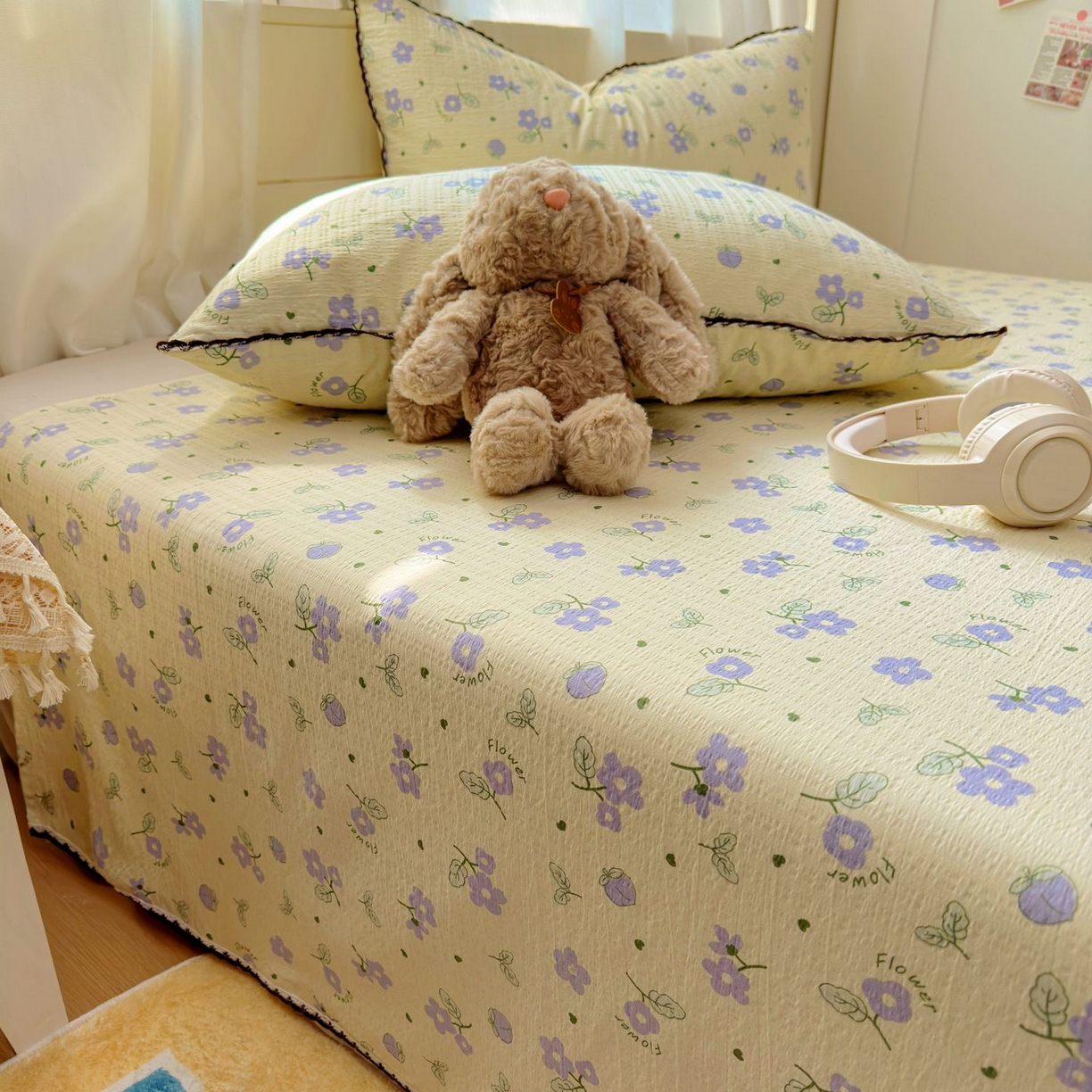 91家纺网 家纺一手货源 找家纺 优卡迪家纺馆 2025新款皱皱棉小花边床单（下载文件包含买家秀） 紫薇