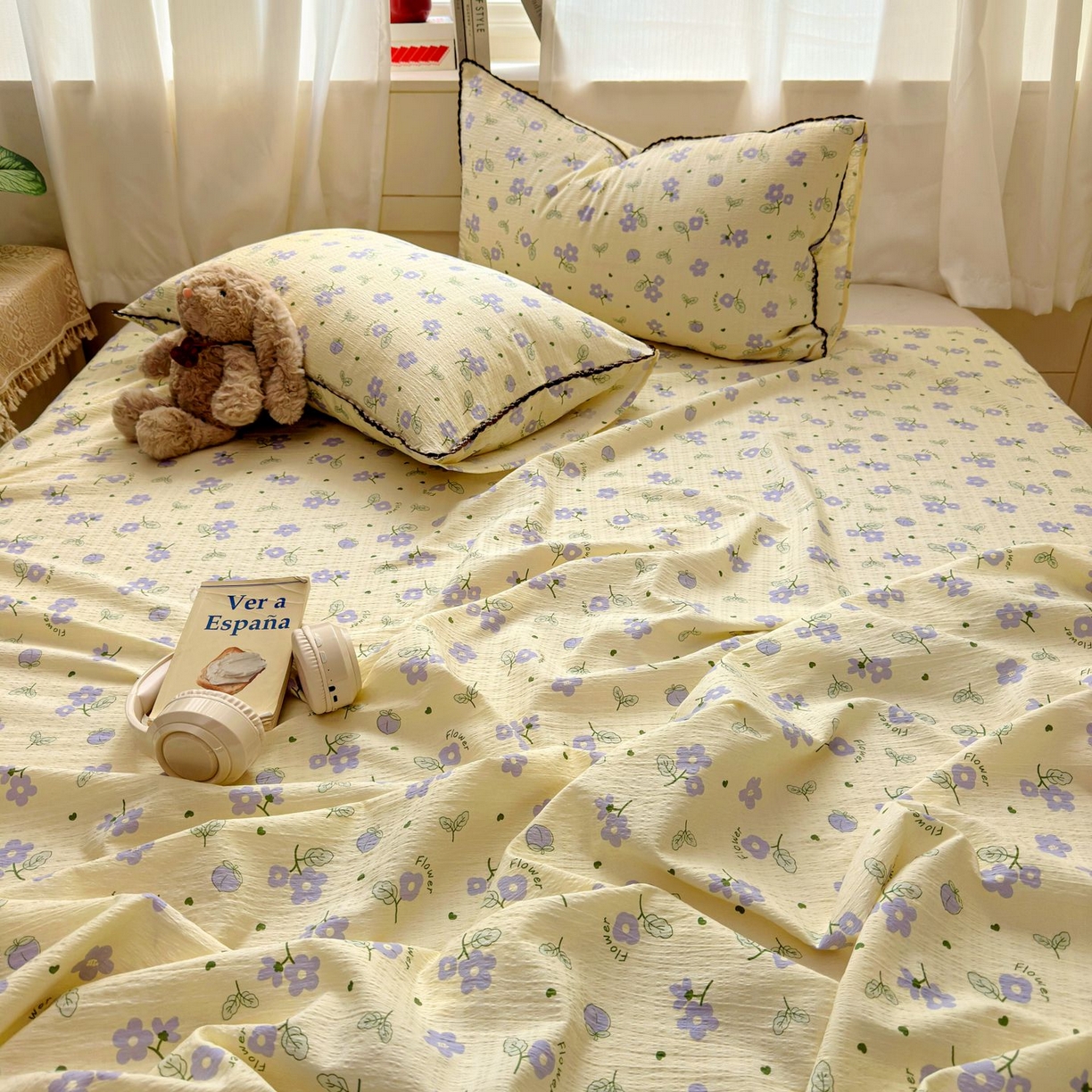 91家纺网 家纺一手货源 找家纺 优卡迪家纺馆 2025新款皱皱棉小花边床单（下载文件包含买家秀） 紫薇