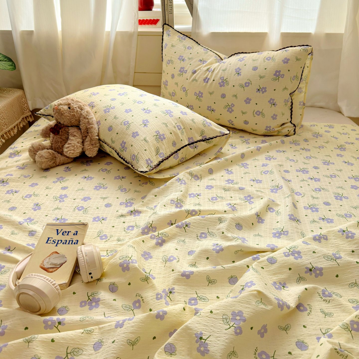 91家纺网 家纺一手货源 找家纺 优卡迪家纺馆 2025新款皱皱棉小花边床单（下载文件包含买家秀） 紫薇