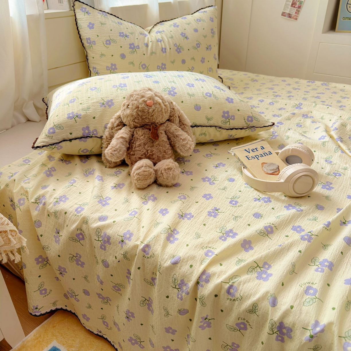 91家纺网 家纺一手货源 找家纺 优卡迪家纺馆 2025新款皱皱棉小花边床单（下载文件包含买家秀） 紫薇