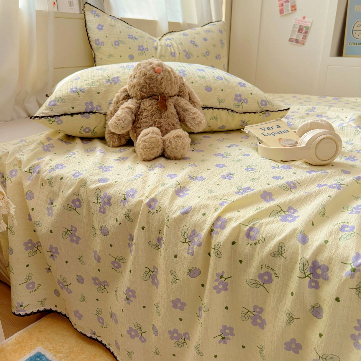 91家纺网 家纺一手货源 找家纺 优卡迪家纺馆 2025新款皱皱棉小花边床单（下载文件包含买家秀） 紫薇