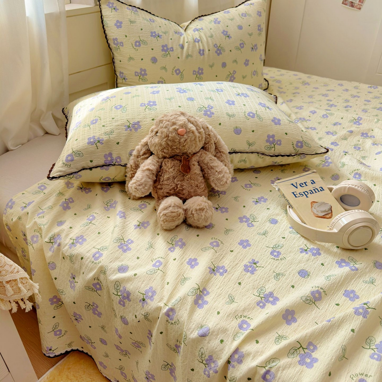 91家纺网 家纺一手货源 找家纺 优卡迪家纺馆 2025新款皱皱棉小花边床单（下载文件包含买家秀） 紫薇