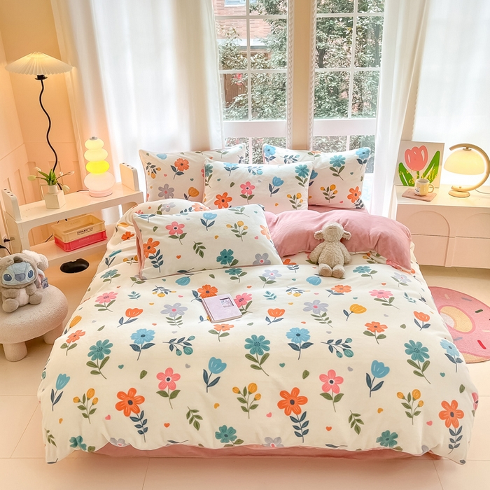 佳汐蓝家纺 2025新款190克高克重牛奶绒印花四件套 花漫舞+梅子粉