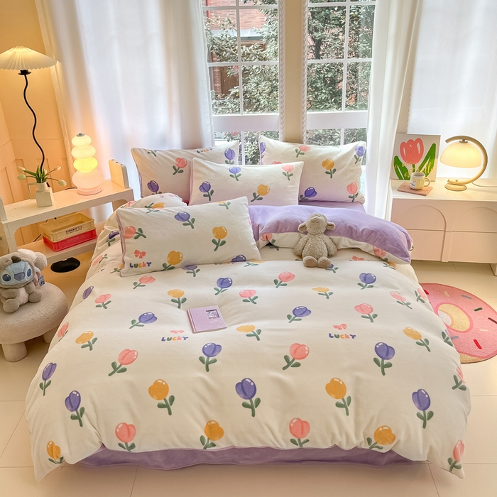 佳汐蓝家纺 2025新款190克高克重牛奶绒印花四件套 金香心语