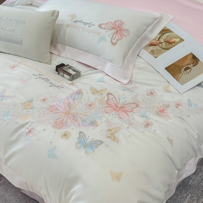 91家纺网 家纺一手货源 找家纺 （总）丞音家纺 2025新款母婴级A类双面全棉蝴蝶刺绣纯棉长绒棉绣花四件套床单被套