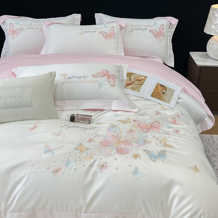 91家纺网 家纺一手货源 找家纺 （总）丞音家纺 2025新款母婴级A类双面全棉蝴蝶刺绣纯棉长绒棉绣花四件套床单被套