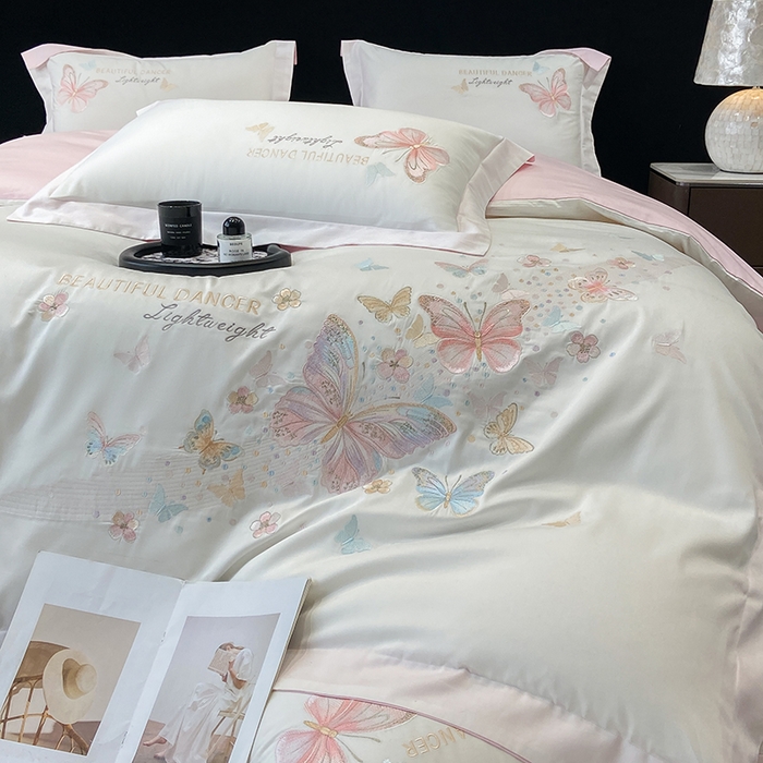 91家纺网 家纺一手货源 找家纺 （总）丞音家纺 2025新款母婴级A类双面全棉蝴蝶刺绣纯棉长绒棉绣花四件套床单被套