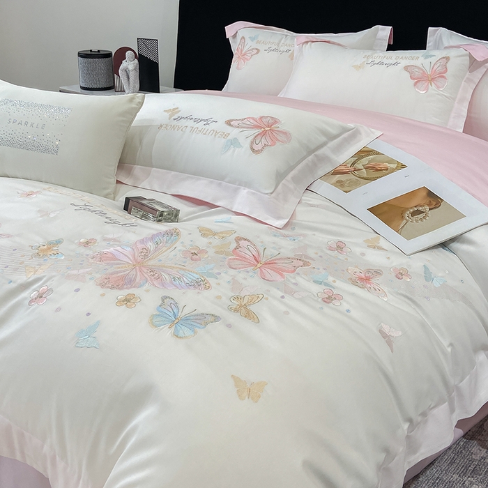 91家纺网 家纺一手货源 找家纺 （总）丞音家纺 2025新款母婴级A类双面全棉蝴蝶刺绣纯棉长绒棉绣花四件套床单被套