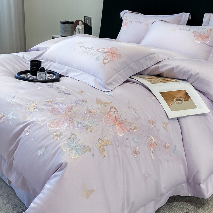 91家纺网 家纺一手货源 找家纺 （总）丞音家纺 2025新款母婴级A类双面全棉蝴蝶刺绣纯棉长绒棉绣花四件套床单被套