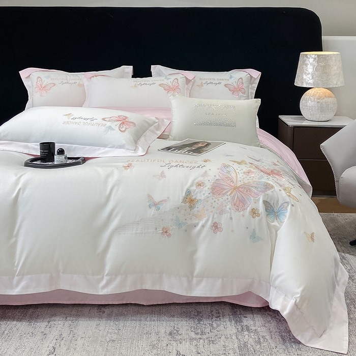 91家纺网 家纺一手货源 找家纺 （总）丞音家纺 2025新款母婴级A类双面全棉蝴蝶刺绣纯棉长绒棉绣花四件套床单被套