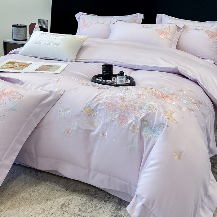 91家纺网 家纺一手货源 找家纺 丞音家纺 2025新款母婴级A类双面全棉蝴蝶刺绣纯棉长绒棉绣花四件套床单被套 思微-梦幻紫