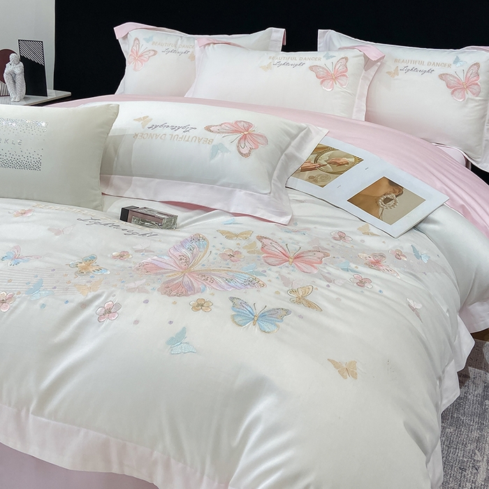 91家纺网 家纺一手货源 找家纺 （总）丞音家纺 2025新款母婴级A类双面全棉蝴蝶刺绣纯棉长绒棉绣花四件套床单被套