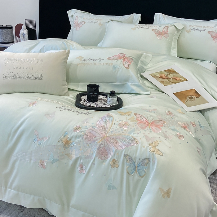 91家纺网 家纺一手货源 找家纺 丞音家纺 2025新款母婴级A类双面全棉蝴蝶刺绣纯棉长绒棉绣花四件套床单被套 思微-青草绿