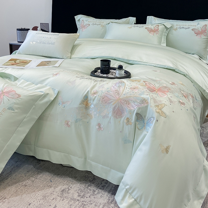 91家纺网 家纺一手货源 找家纺 丞音家纺 2025新款母婴级A类双面全棉蝴蝶刺绣纯棉长绒棉绣花四件套床单被套 思微-青草绿