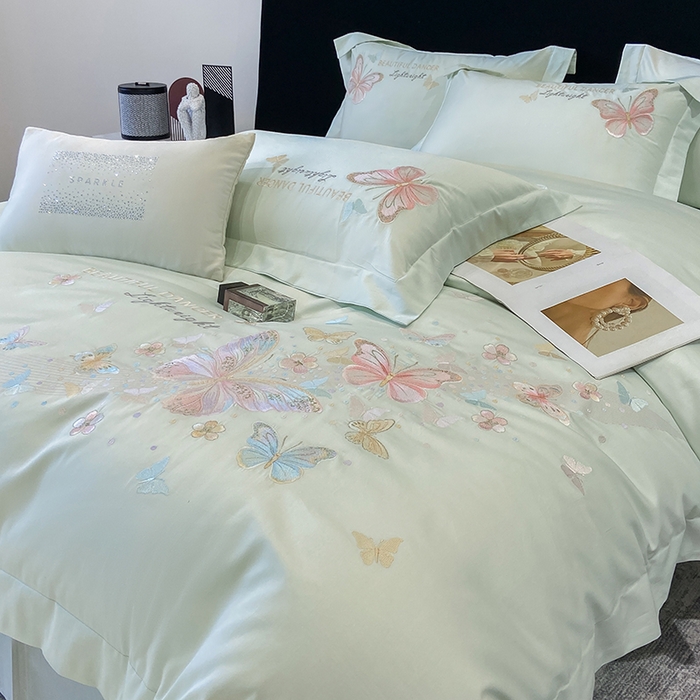 91家纺网 家纺一手货源 找家纺 丞音家纺 2025新款母婴级A类双面全棉蝴蝶刺绣纯棉长绒棉绣花四件套床单被套 思微-青草绿