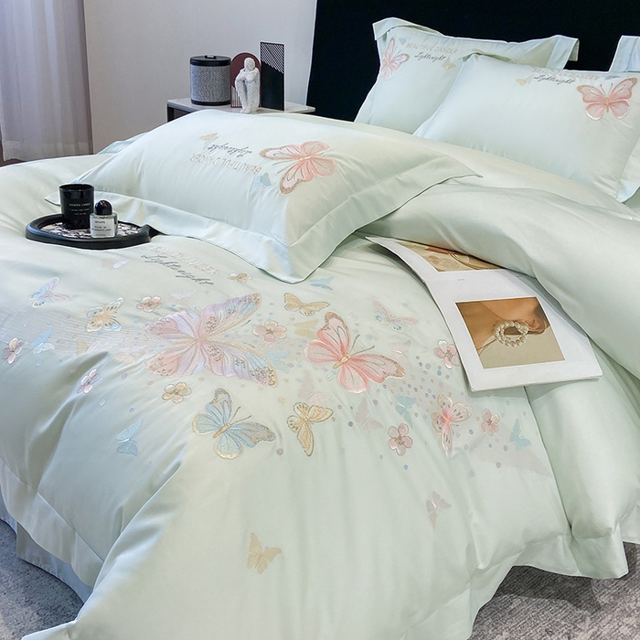 91家纺网 家纺一手货源 找家纺 （总）丞音家纺 2025新款母婴级A类双面全棉蝴蝶刺绣纯棉长绒棉绣花四件套床单被套