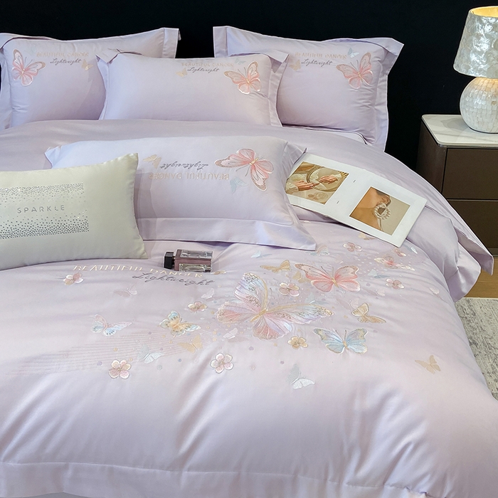 91家纺网 家纺一手货源 找家纺 丞音家纺 2025新款母婴级A类双面全棉蝴蝶刺绣纯棉长绒棉绣花四件套床单被套 思微-梦幻紫