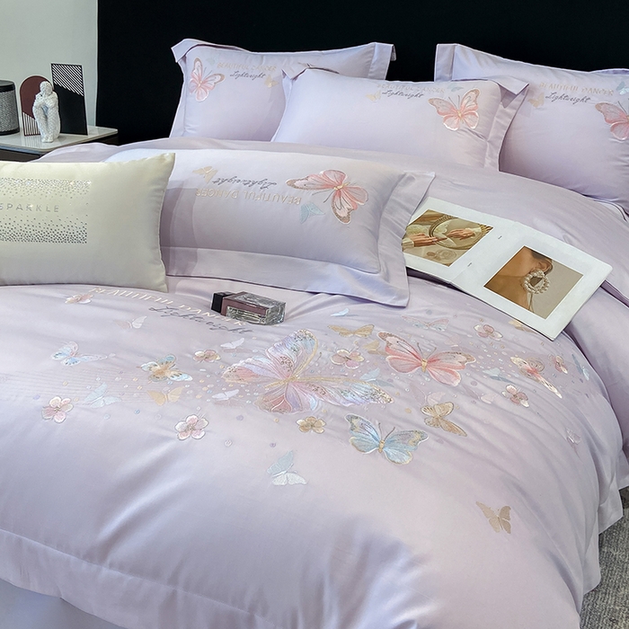 91家纺网 家纺一手货源 找家纺 丞音家纺 2025新款母婴级A类双面全棉蝴蝶刺绣纯棉长绒棉绣花四件套床单被套 思微-梦幻紫