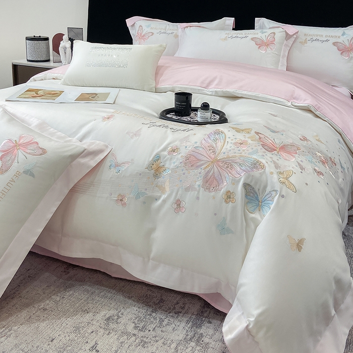 91家纺网 家纺一手货源 找家纺 （总）丞音家纺 2025新款母婴级A类双面全棉蝴蝶刺绣纯棉长绒棉绣花四件套床单被套