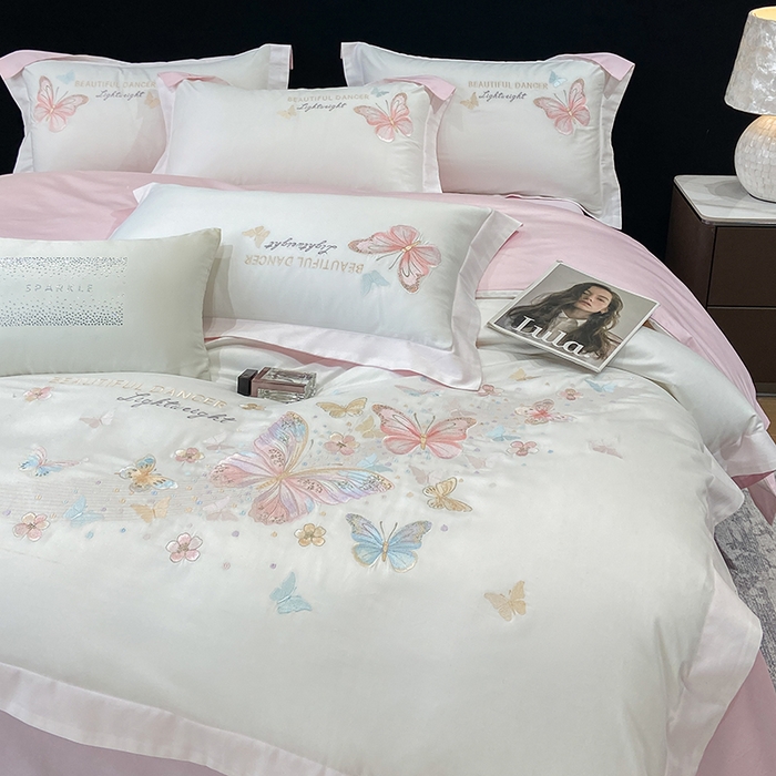 91家纺网 家纺一手货源 找家纺 丞音家纺 2025新款母婴级A类双面全棉蝴蝶刺绣纯棉长绒棉绣花四件套床单被套 思微-白拼粉