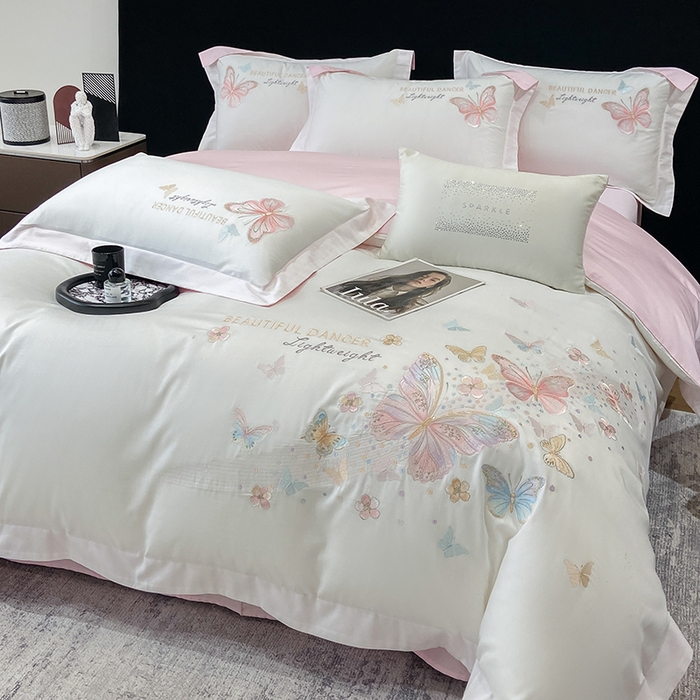 91家纺网 家纺一手货源 找家纺 （总）丞音家纺 2025新款母婴级A类双面全棉蝴蝶刺绣纯棉长绒棉绣花四件套床单被套