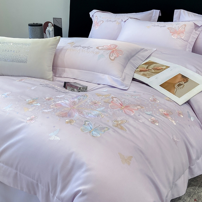 91家纺网 家纺一手货源 找家纺 丞音家纺 2025新款母婴级A类双面全棉蝴蝶刺绣纯棉长绒棉绣花四件套床单被套 思微-梦幻紫