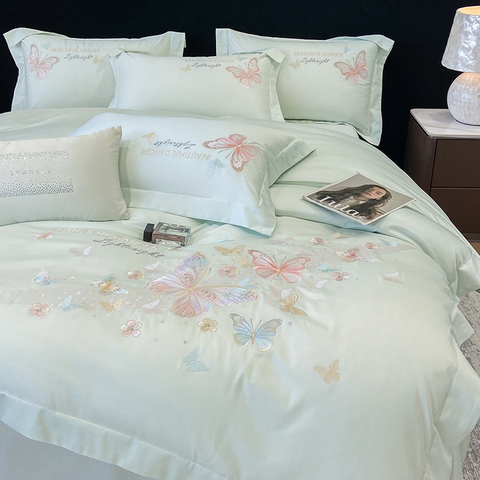 91家纺网 家纺一手货源 找家纺 丞音家纺 2025新款母婴级A类双面全棉蝴蝶刺绣纯棉长绒棉绣花四件套床单被套 思微-青草绿