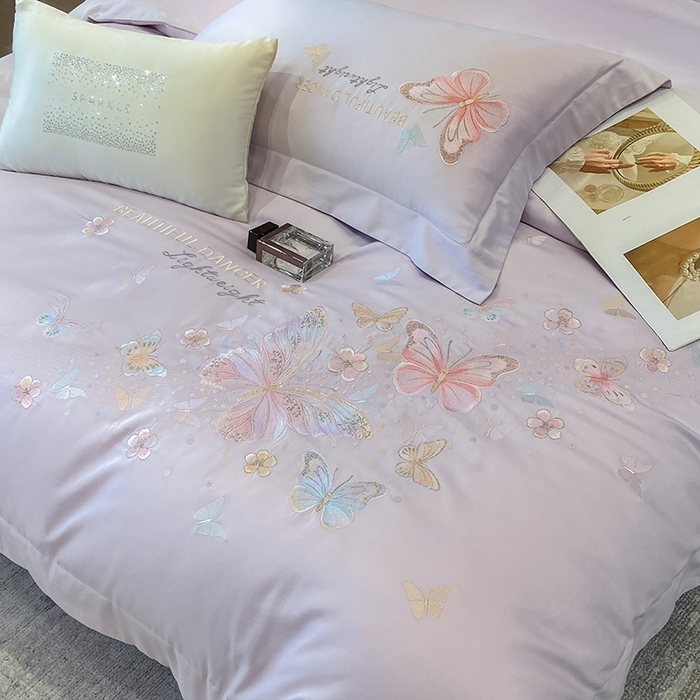 91家纺网 家纺一手货源 找家纺 丞音家纺 2025新款母婴级A类双面全棉蝴蝶刺绣纯棉长绒棉绣花四件套床单被套 思微-梦幻紫