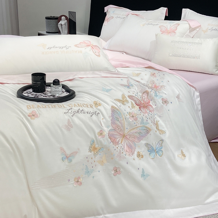 91家纺网 家纺一手货源 找家纺 丞音家纺 2025新款母婴级A类双面全棉蝴蝶刺绣纯棉长绒棉绣花四件套床单被套 思微-白拼粉