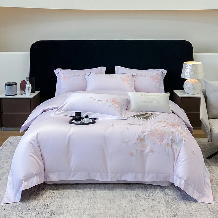 91家纺网 家纺一手货源 找家纺 丞音家纺 2025新款母婴级A类双面全棉蝴蝶刺绣纯棉长绒棉绣花四件套床单被套 思微-梦幻紫