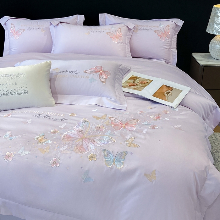 91家纺网 家纺一手货源 找家纺 丞音家纺 2025新款母婴级A类双面全棉蝴蝶刺绣纯棉长绒棉绣花四件套床单被套 思微-梦幻紫