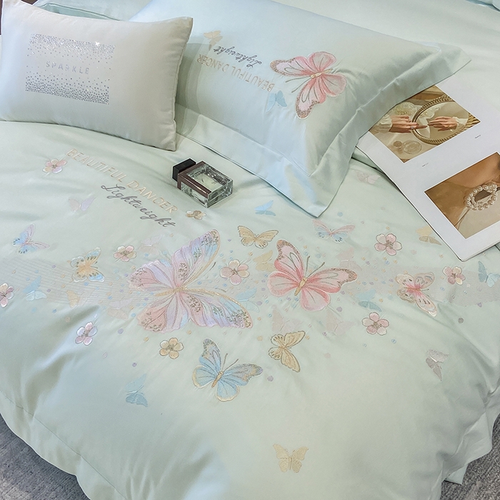 91家纺网 家纺一手货源 找家纺 丞音家纺 2025新款母婴级A类双面全棉蝴蝶刺绣纯棉长绒棉绣花四件套床单被套 思微-青草绿