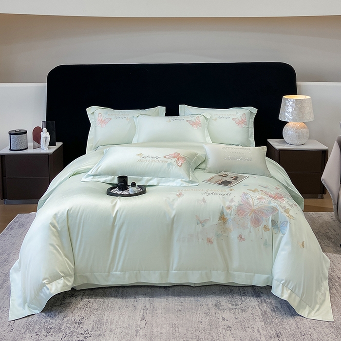 91家纺网 家纺一手货源 找家纺 丞音家纺 2025新款母婴级A类双面全棉蝴蝶刺绣纯棉长绒棉绣花四件套床单被套 思微-青草绿