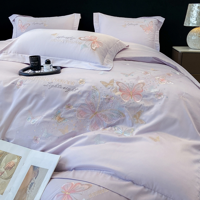 91家纺网 家纺一手货源 找家纺 丞音家纺 2025新款母婴级A类双面全棉蝴蝶刺绣纯棉长绒棉绣花四件套床单被套 思微-梦幻紫