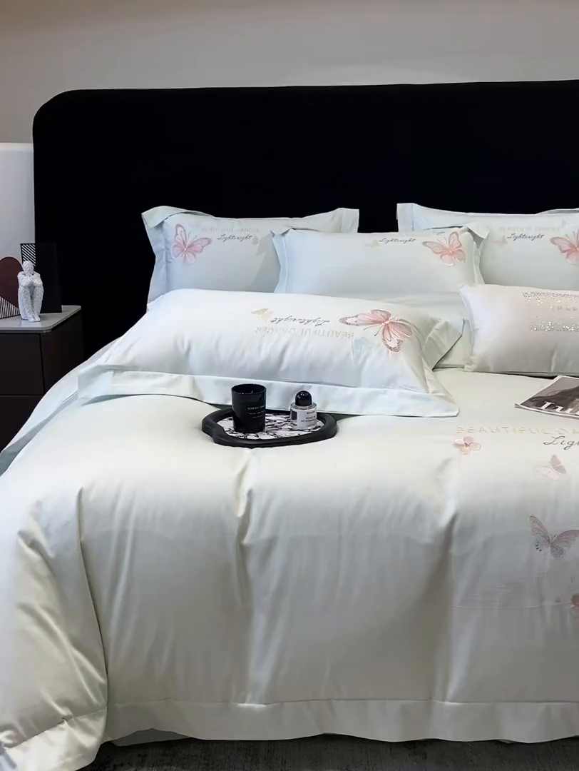 91家纺网 家纺一手货源 找家纺 丞音家纺 2025新款母婴级A类双面全棉蝴蝶刺绣纯棉长绒棉绣花四件套床单被套 思微-青草绿