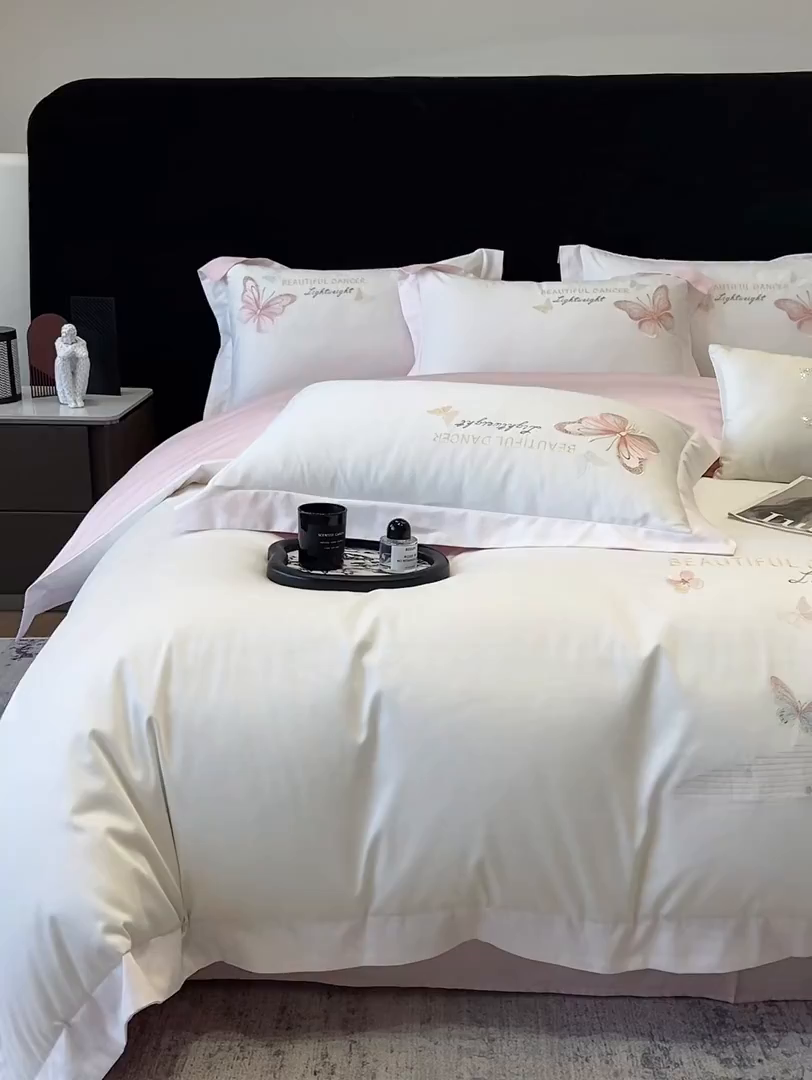 91家纺网 家纺一手货源 找家纺 （总）丞音家纺 2025新款母婴级A类双面全棉蝴蝶刺绣纯棉长绒棉绣花四件套床单被套